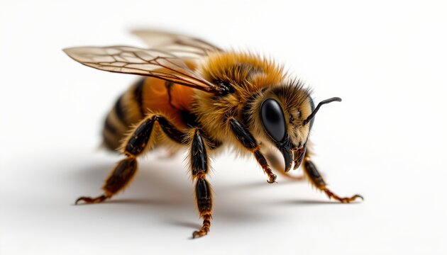 A bee standing on a white background. The bee is focused towards the left side of the frame, its body oriented in that direction