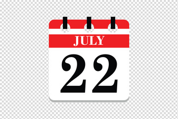 22 July Calendar icon vector, 22 dates of July month calendar icon, dates of July 22 icon calendar, vector calendar icon.