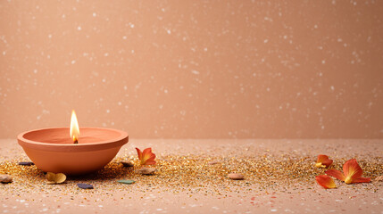 A traditional terracotta diya with a flickering flame illuminates a festive scene adorned with scattered rice and flower petals