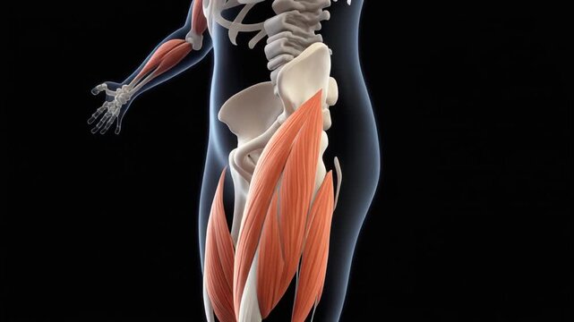 Anatomical representation of the quadriceps muscle group and hip bone