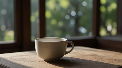 Fototapeta premium Simple minimalist plain white ceramic cup placed on a textured wooden surface near a window with soft natural light and blurred green background. Lifestyle concept