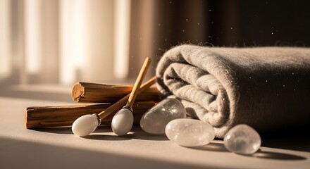 Serene Spa Still Life with Palo Santo, Selenite Crystals, and Soft Towel