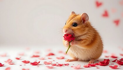 A tiny golden hamster sitting on a white surface, holding a miniature red rose with both paws, with heart-shaped candy pieces scattered around