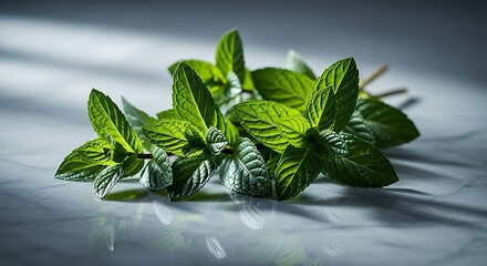 Fresh Mint Sprigs on Marble Surface, Culinary Herb Still Life