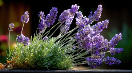 A close-up shot of a vibrant lavender plant with numerous purple flower spikes and green foliage, bathed in warm sunlight against a dark, blurred background.