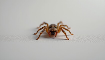 An orange and brown striped spider with red spots on its legs, resting against a white background.