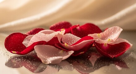 Elegant Rose Petals with Water Droplets on Reflective Surface
