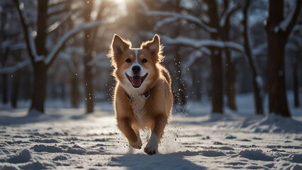 Joyful small brown and white dog enthusiastically running and jumping through a fresh layer of snow in a winter park on a bright day. Animal concept