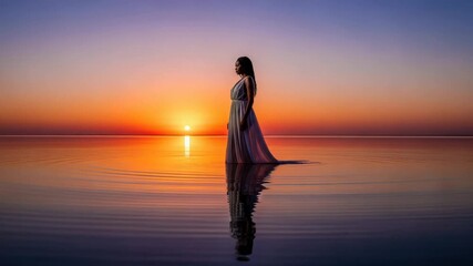 Serene silhouette woman in water at dawn, reflection in tranquil scene cinematic moment - Powered by Adobe