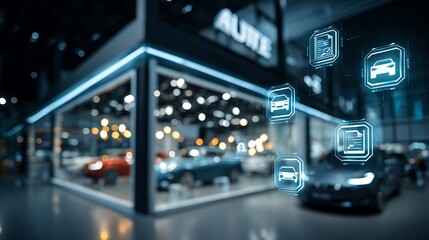 Modern Car Dealership with Futuristic Digital Interface and Automotive Icons