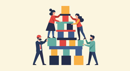 Team of people building a tower of colorful blocks in a collaborative effort, symbolizing teamwork and achievement in a positive and supportive atmosphere.