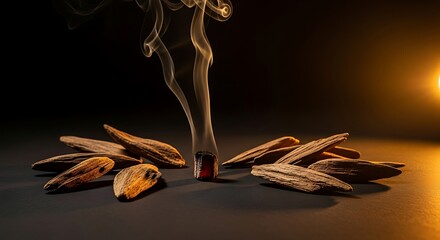 Burning Oud Wood Chips with Incense Smoke on Dark Background