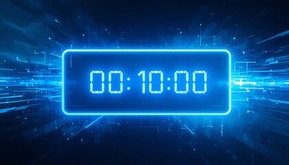 Digital countdown display inside a speech bubble showing “00:10:00” with a futuristic blue-toned gradient background.
