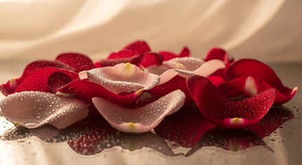 Romantic Close-up of Red and Pink Rose Petals with Water Droplets