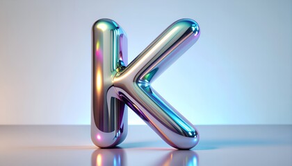 Iridescent letter K with a futuristic chrome finish for modern designs, digital art, sleek branding, and eye-catching typography that shines brilliantly