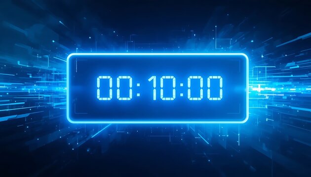 Digital countdown display inside a speech bubble showing “00:10:00” with a futuristic blue-toned gradient background.