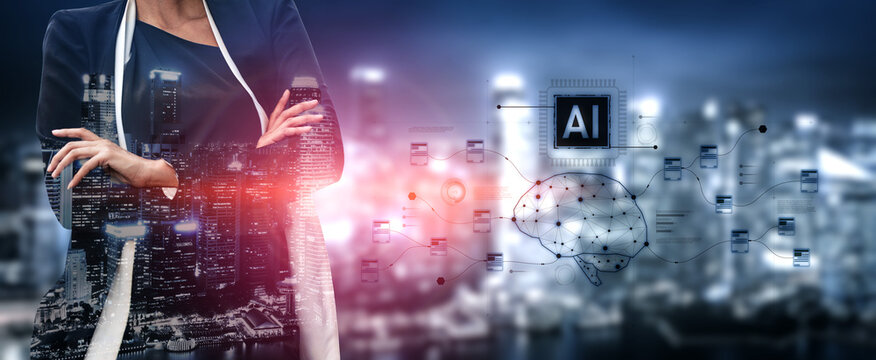 AI neural network and data processing system visualizing artificial intelligence with brain structure, chip, and connected data blocks for computation and learning Vouch - Powered by Adobe