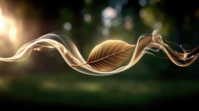 A single, translucent leaf is suspended in a swirling stream of golden smoke, set against a blurred background of a sunlit forest. The light creates a warm, eth