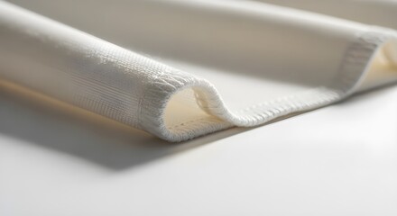 roll of paper_Off white fabric label and selvedge detail; high key; editorial safe background.