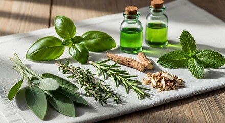 Assorted Fresh Herbs and Essential Oils on Wooden Table for Aromatherapy and Natural Remedies