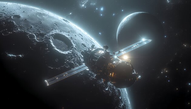 Stunning satellite orbits moon with craters in deep space, revealing cosmic mysteries, a celestial dance of technology and nature, awe-inspiring exploration