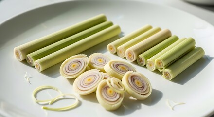 Fresh Lemongrass Stalks and Slices on White Plate, Close-Up