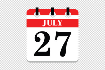 27 July Calendar icon vector, 27 dates of July month calendar icon, dates of July 27 icon calendar, vector calendar icon.