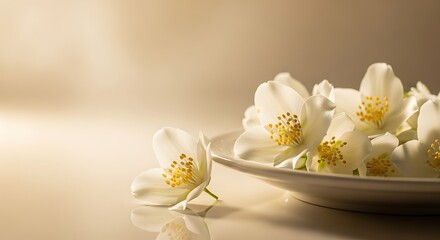 Elegant Still Life of White Jasmine Flowers on a Plate with Soft Lighting
