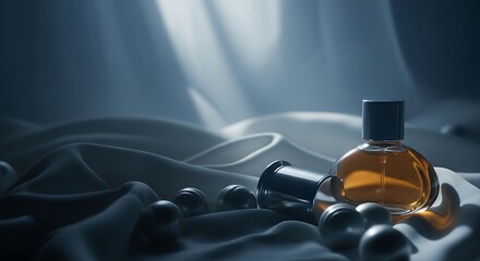 Elegant Perfume Bottle Still Life on Silk Fabric with Pearls