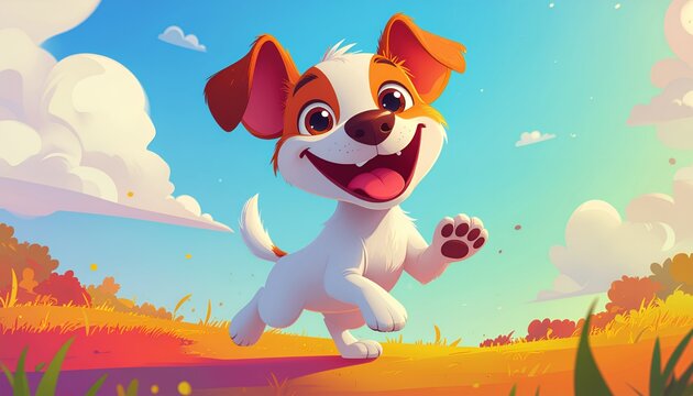 Adorable cartoon dog running happily in sunny meadow, perfect for children's books and playful designs, evokes joy and carefree fun, vibrant and energetic