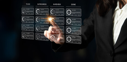 Task management tool dashboard showing kanban-style workflow with columns for to do, in progress, in review, and done, including task cards, progress, and team icons Latch