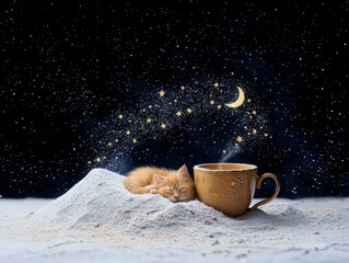 A small, orange kitten is curled up asleep on a sandy mound. Beside the kitten is a large, tan coffee mug with steam rising. The background is a dark night sky