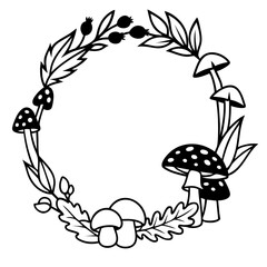 Fall Botanical Circle Frame with Leaves. Autumn Mushroom Wreath