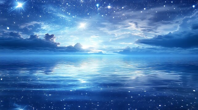 Ethereal blue seascape depicting a starry night sky with a radiant sunburst and clouds, reflected beautifully on the serene water surface. Perfect for dreamy backgrounds
