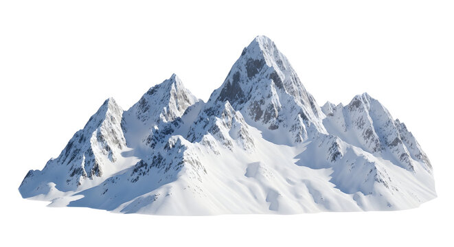 Majestic snow capped mountain range peaks illuminated by bright sunlight against a clear sky with dark rock accents and a stark transparent background for isolated nature scenes