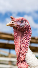 Close-up portrait of a turkey showing detailed skin texture and natural colors in a farm setting.