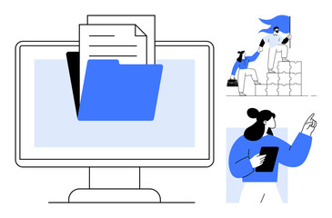 Computer screen with a folder and documents, a leader guiding a team over blocks, and a professional holding a tablet. Ideal for teamwork, leadership, digital workspace, organization, project