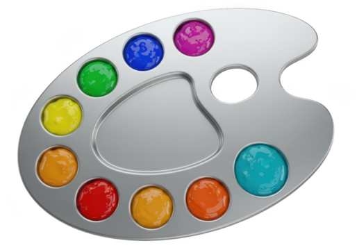 Silver artist paint palette with ten colorful dabs of paint isolated on transparent background