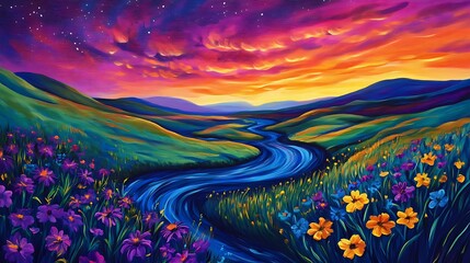 richly colored artwork depicting a winding river through lush hills and vibrant wildflowers under a stunning sunset sky nature fantasy