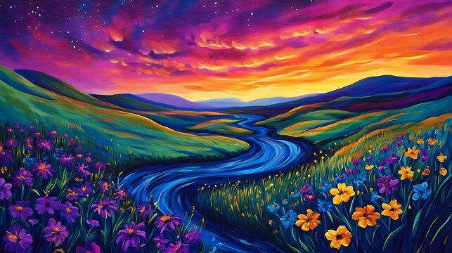 richly colored artwork depicting a winding river through lush hills and vibrant wildflowers under a stunning sunset sky nature fantasy
