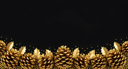 Luxurious holiday background with a border of golden pine cones, leaves, and glitter on a black surface with copy space.