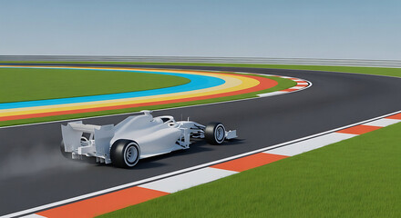 Obraz premium Sleek white racing car speeding around track on bright day, showcasing power and precision with colorful track markings, perfect for motorsport themes