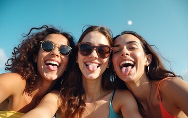 Multicultural friends taking crazy selfie sticking out tongue during Covid 19 third wave - New normal lifestyle concept with young milenial people having fun together - Bright azure sunshine filter
