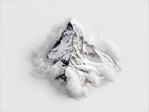 A dramatic, snow-covered mountain peak is partially obscured by soft, white clouds against a bright, minimalist background. The lighting is soft and diffused, c - Powered by Adobe