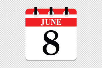 8 June Calendar icon vector, 8 dates of June month calendar icon, dates of June 8 icon calendar, vector calendar icon.