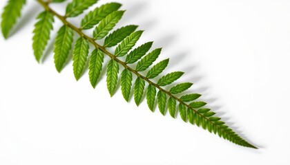 A close up of a single fern leaf with delicate fronds on a light background. The fern has green hues and is captured in high detail, giving a sense of the texture and veins typical to ferns.