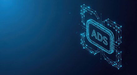 Digital advertising network concept with glowing abstract wireframe elements on a dark blue background