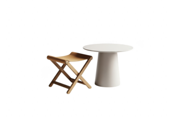 Minimalist wooden folding stool next to a modern white round pedestal side table isolated on transparent background