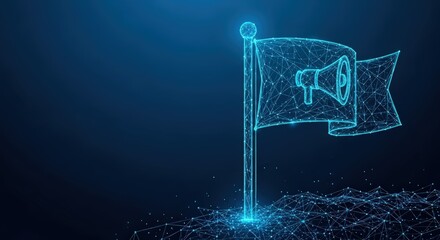 Digital flag with loudspeaker symbol represents communication and announcement in technology