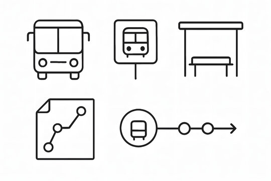 Public Transportation Icons: Clean, linear icons showcasing various elements related to public transportation, representing different aspects of bus travel and information.